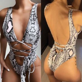 Snake Print Cut-out Belly Waist Strap One Piece Swimsuit