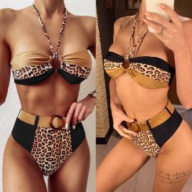 High Waist Leopard Bikini Two Pieces Swimsuit w/ Belt