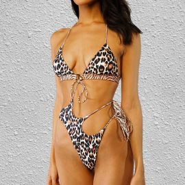 Stylish Cut-out Leopard Print Halter Bikini Swimwear 