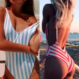 Backless Striped One Piece Swimsuit High Cut Monokini 