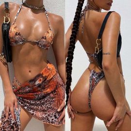 Leopard Print Frill Triangle Bikini w/ Skirt Cover-up