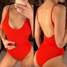 Ribbed High Cut Swimsuit One Piece Belted Bathing Suit