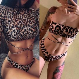 Leopard Print 3 Pieces Bikini w/ Mesh T-shirt Cover-up