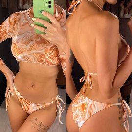 Mesh T-shirt Cover-up Waves Print 3 Pieces Bikini Set
