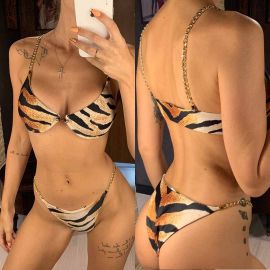 Tiger Print Chain Straps Padded Bra Thong Bikini