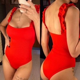 Rib Texture One Piece Swimsuit Frill Shoulder Straps