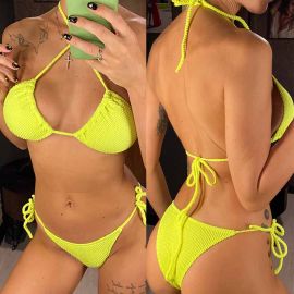 Neon Yellow Ribbed Texture Triangle Shaped Bikini