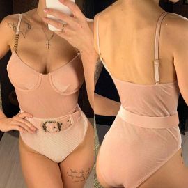 Corduroy Push-up One Piece Swimsuit with Belt