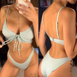 Push Up Wire Support Lace Tie Ribbed Bikini Swimsuit