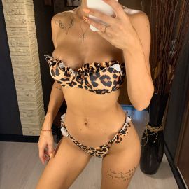 Leopard Print Ruffle Bandeau Bikini Two Piece Swimsuit