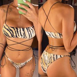 Tiger Print Wrap Around Bikini Lace-up Bathing Suit 