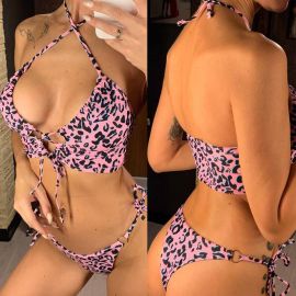 Leopard print side tie thong lace-up bra bikini swimsuit