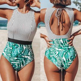  Striped & Green Leaves One Piece Back Cut-out Monokini