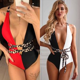 Long Straps Wrap Around One Piece Patchwork Swimsuit 