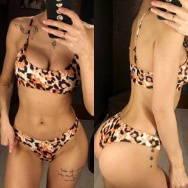 Leopard Spaghetti Strap Bralette V Cut Thong Bikini