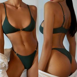 High Waist Swimsuit Ring Decor Ribbed Bikini Set