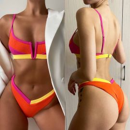 Color Block Rib Texture V Bra Bikini Swimsuit