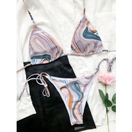 Marble Print Halter Bra Triangle Thong Bikini Swimsuit