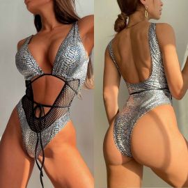 V Neck Hollow Mesh Snake Print One Piece Swimsuit
