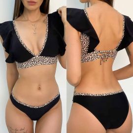 Falbala Cuffs Patchwork Hem Retro Style Bikini Set