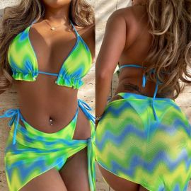 Waves Tie-dyed Print Triangle Bikini w/ Mesh Sarong
