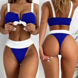 Contrast color padded bowknot two piece bikini