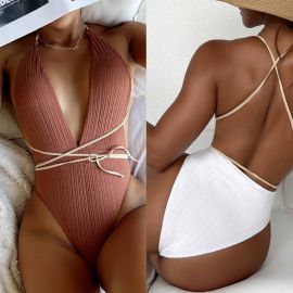 Ribbed One Piece Swimsuit Plunging Neck Swimsuit