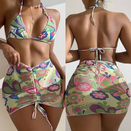 Bloom Print Bikini Set w/ Mesh Skirt Cover-up