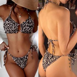 Leopard Halter Bra Side Tie Thong Frilly Hem Bikini