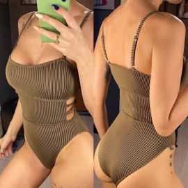 Ribbed One Piece Swimsuit Cut-out Waist Monokini