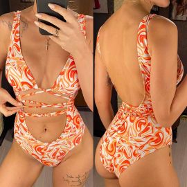 Wrap Around Abstract Print Cut Out One Piece Swimsuit