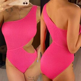 One Shoulder Cut Out Rib Textured Monokini