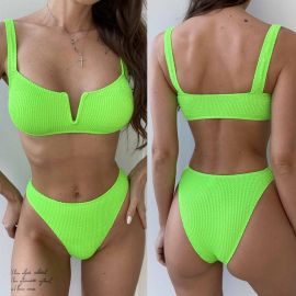 High Waist Swimsuit Cleavage Cut Rib Bikini Set