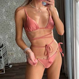 Satin Pink Rings Decor Cross String Bikini Set 