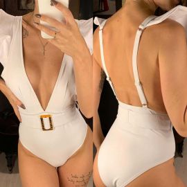 Ruffled Shoulder Deep V One Piece Swimsuit