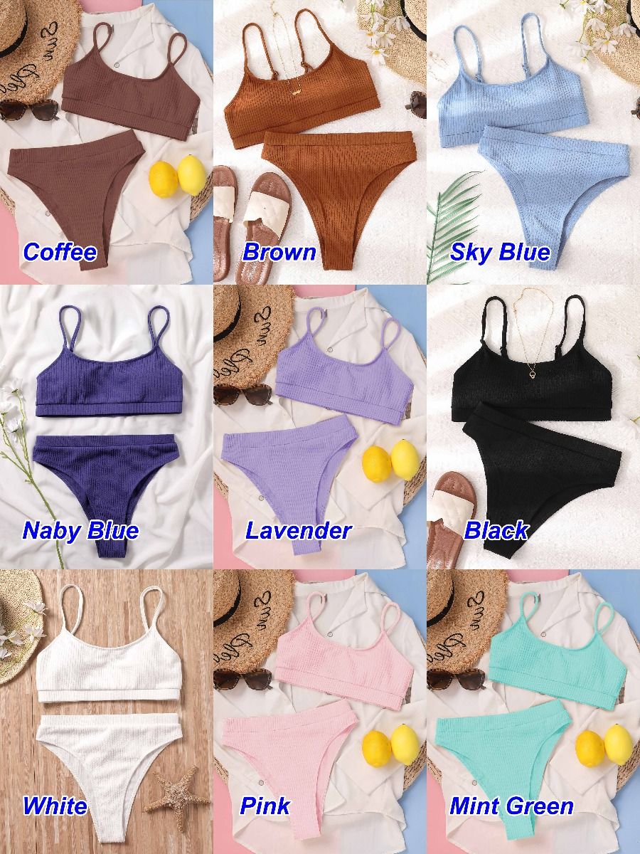 Solid Color Rib Texture High Waist Bikini Set